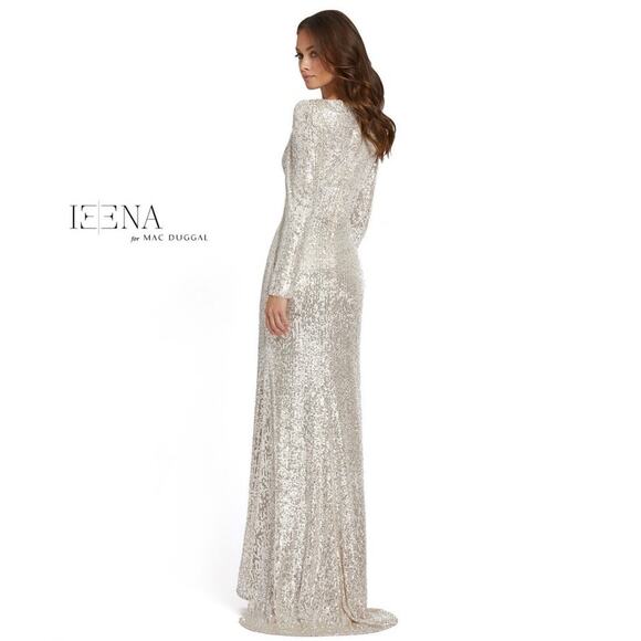 Ieena Mac Duggal Sequin Evening Gown White Champagne Leg Slit Size 16 - Picture 2 of 11